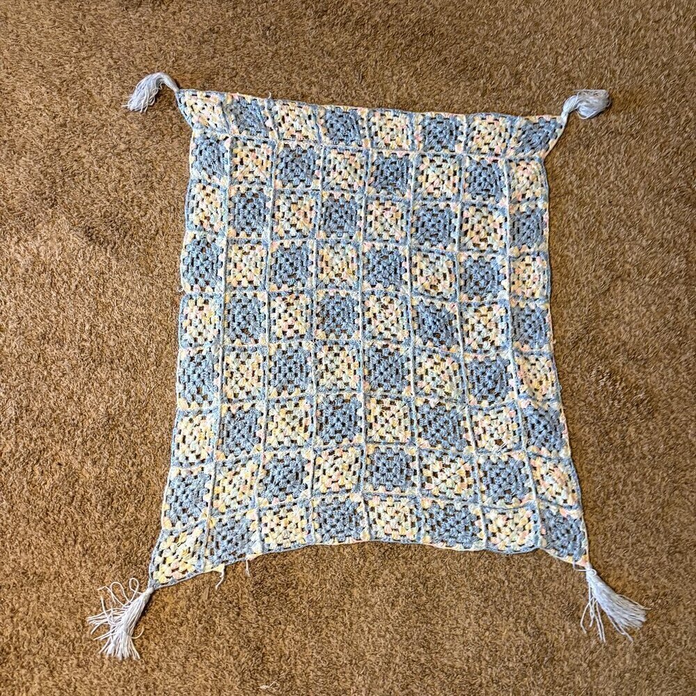 Handmade crochet gender neutral tassel baby blanket